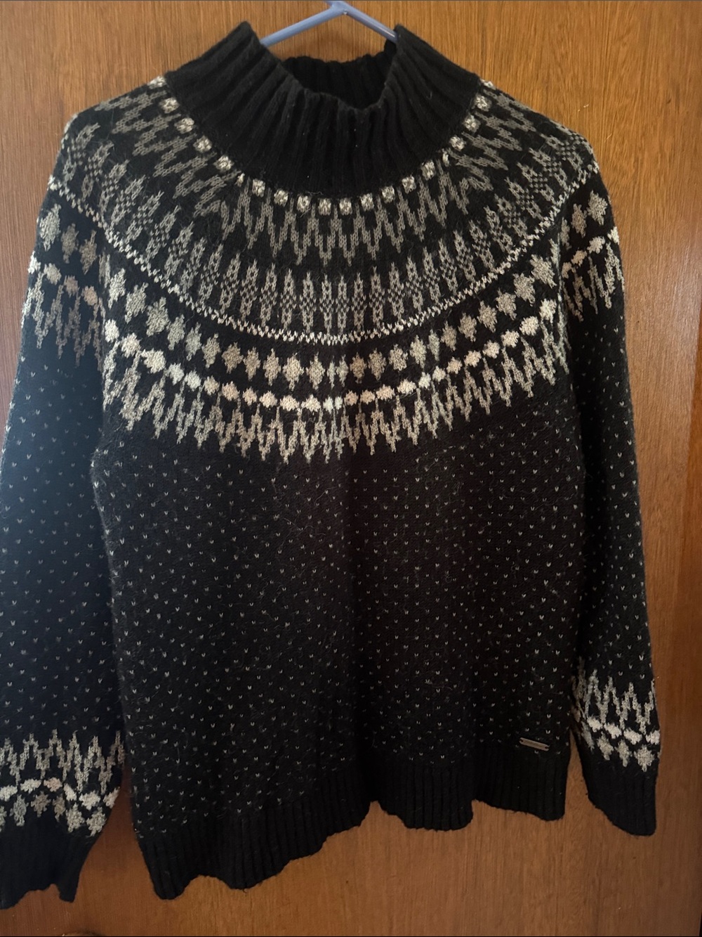 Lands' End Black and Cream Nordic-Style Turtleneck Sweater